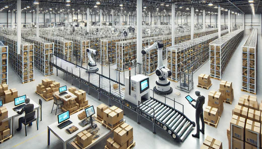 A modern distribution center interior showcasing automated conveyor belts, robotic equipment sorting packages, and workers using handheld scanners.