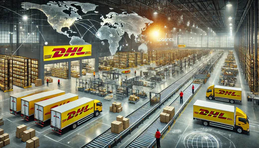 A modern DHL distribution center featuring a large, high-tech warehouse with DHL-branded vehicles, automated conveyor systems, and workers sorting packages.