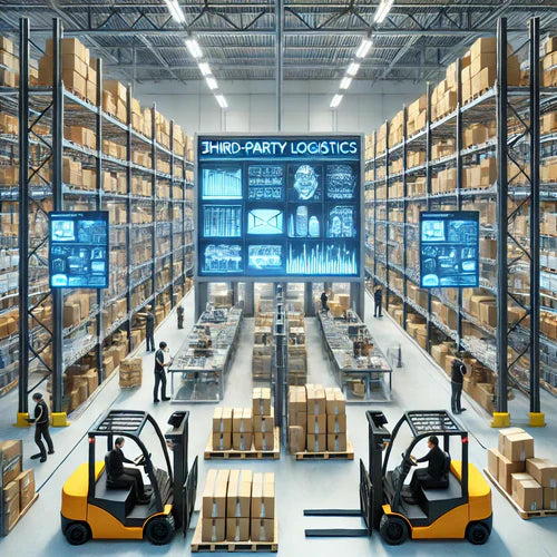 Interior of a modern third-party logistics (3PL) distribution center with organized shelves, workers scanning packages, forklifts in operation, and advanced sorting systems, showcasing efficiency and scalability for business operations.