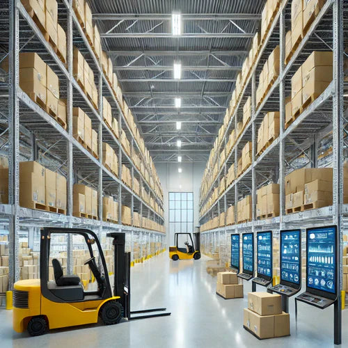 Interior view of a modern third-party logistics (3PL) distribution center featuring organized rows of tall shelving units stocked with products, forklifts in operation, and digital screens displaying logistics data and analytics.