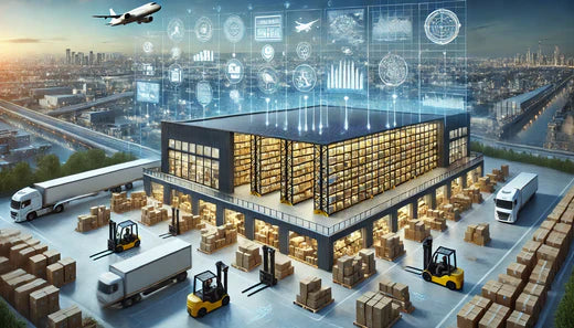 Exterior view of a large, modern distribution center with a busy warehouse surrounded by neatly arranged pallets, forklifts in motion, trucks being loaded, and a cityscape in the background. Digital overlays depict logistics and supply chain analytics.